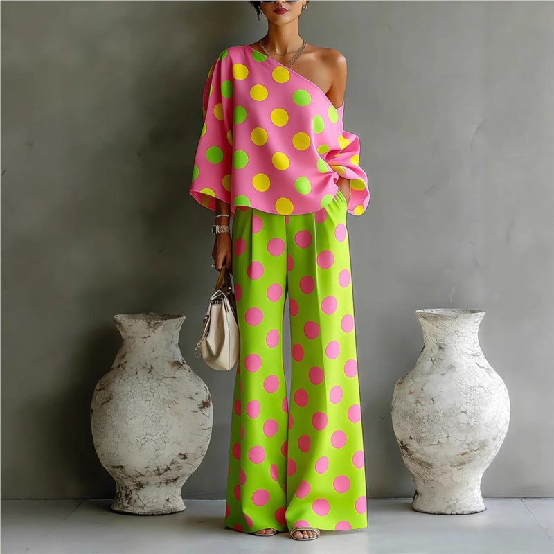 Women's Polka Dot 2 Piece Outf - Blouse Off Shoulder incelemesi ve fiyatı