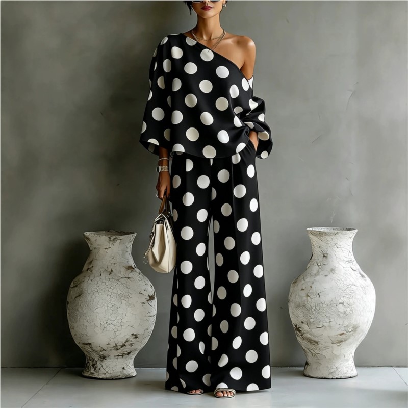 Women's Polka Dot 2 Piece Outf - Blouse Off Shoulder incelemesi ve fiyatı