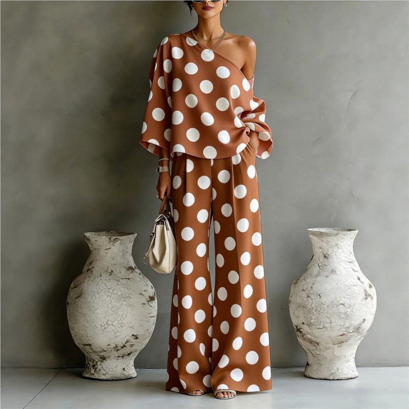 Women's Polka Dot 2 Piece Outf - Blouse Off Shoulder incelemesi ve fiyatı