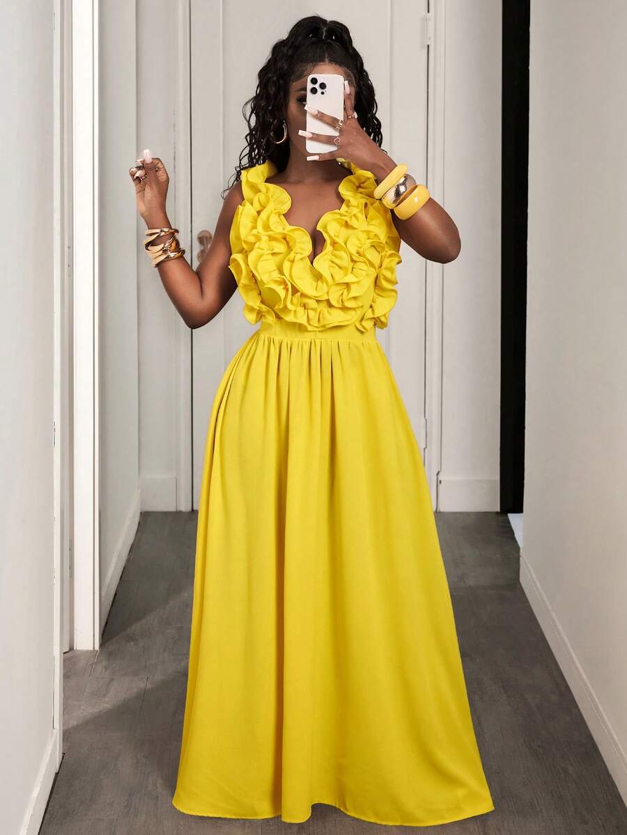 Yellow Deep V-Neck Ruffle Halt - Maxi Dress Halter incelemesi ve fiyatı