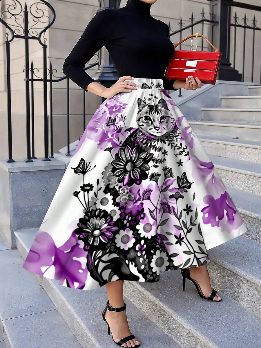 Oversized Floral Cat Print Mid - Midi Skirt Floral incelemesi ve fiyatı