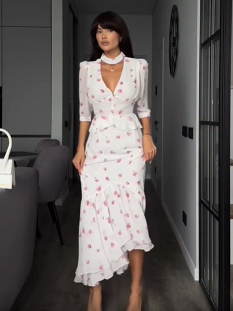 Women White Pink Floral Choker - Midi Skirt Floral incelemesi ve fiyatı