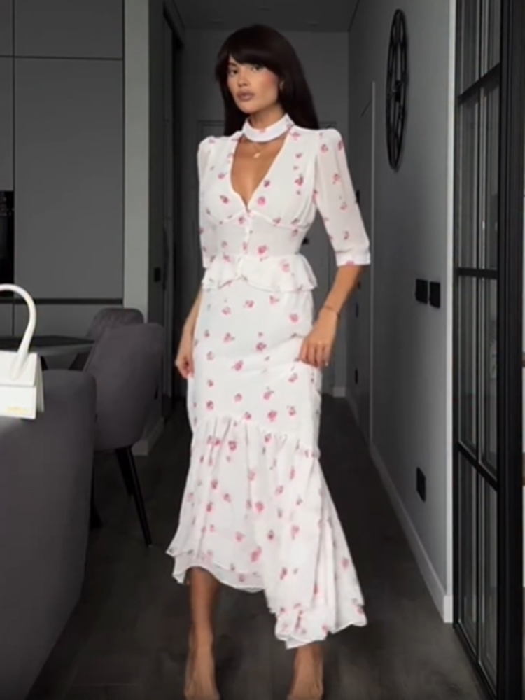 Women White Pink Floral Choker - Midi Skirt Floral incelemesi ve fiyatı