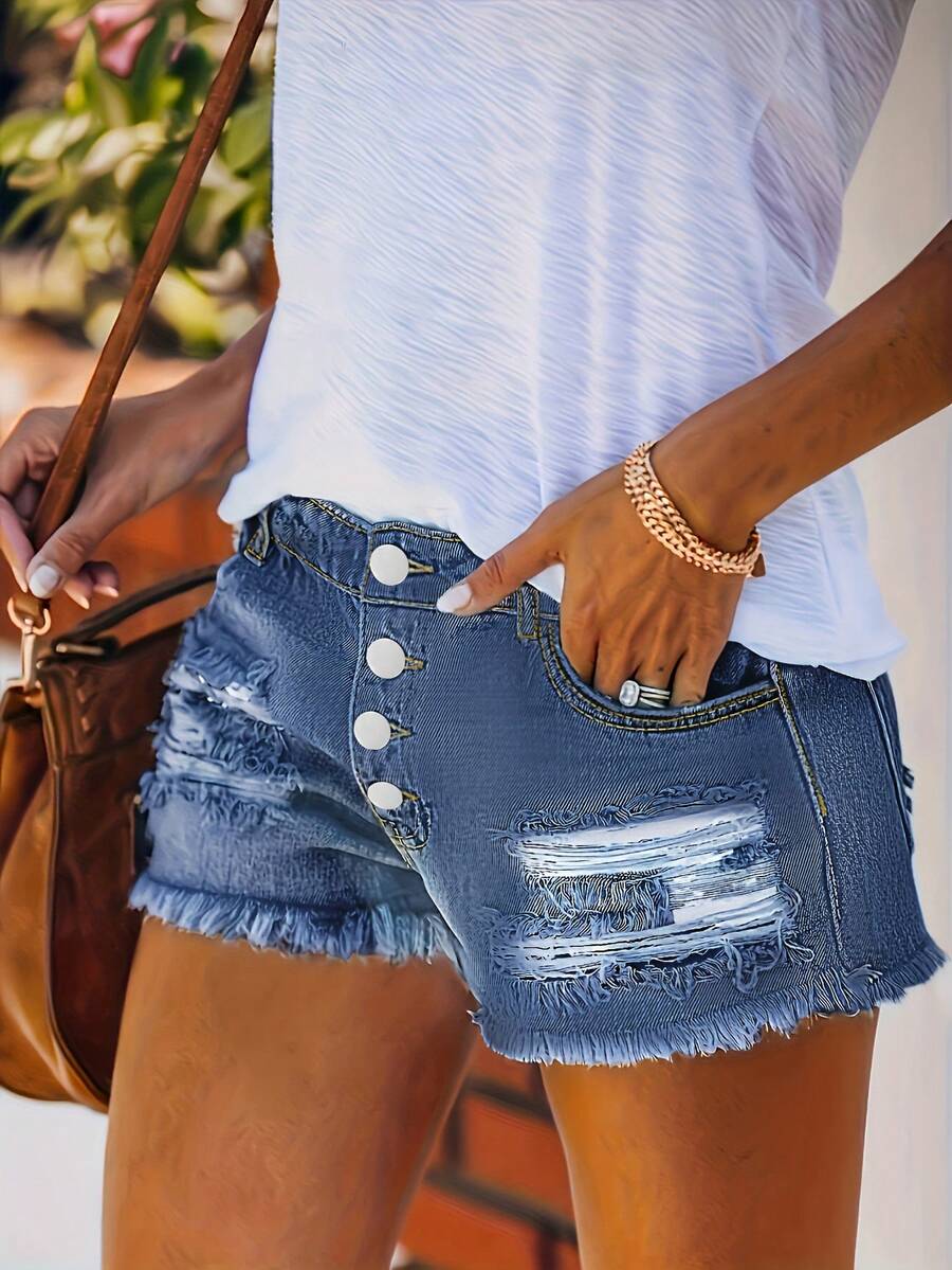 Womens Buttoned Distressed Den - Shorts Denim Frayed incelemesi ve fiyatı